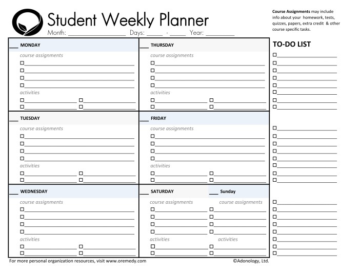 Five day homework planner   worksheetworks.com